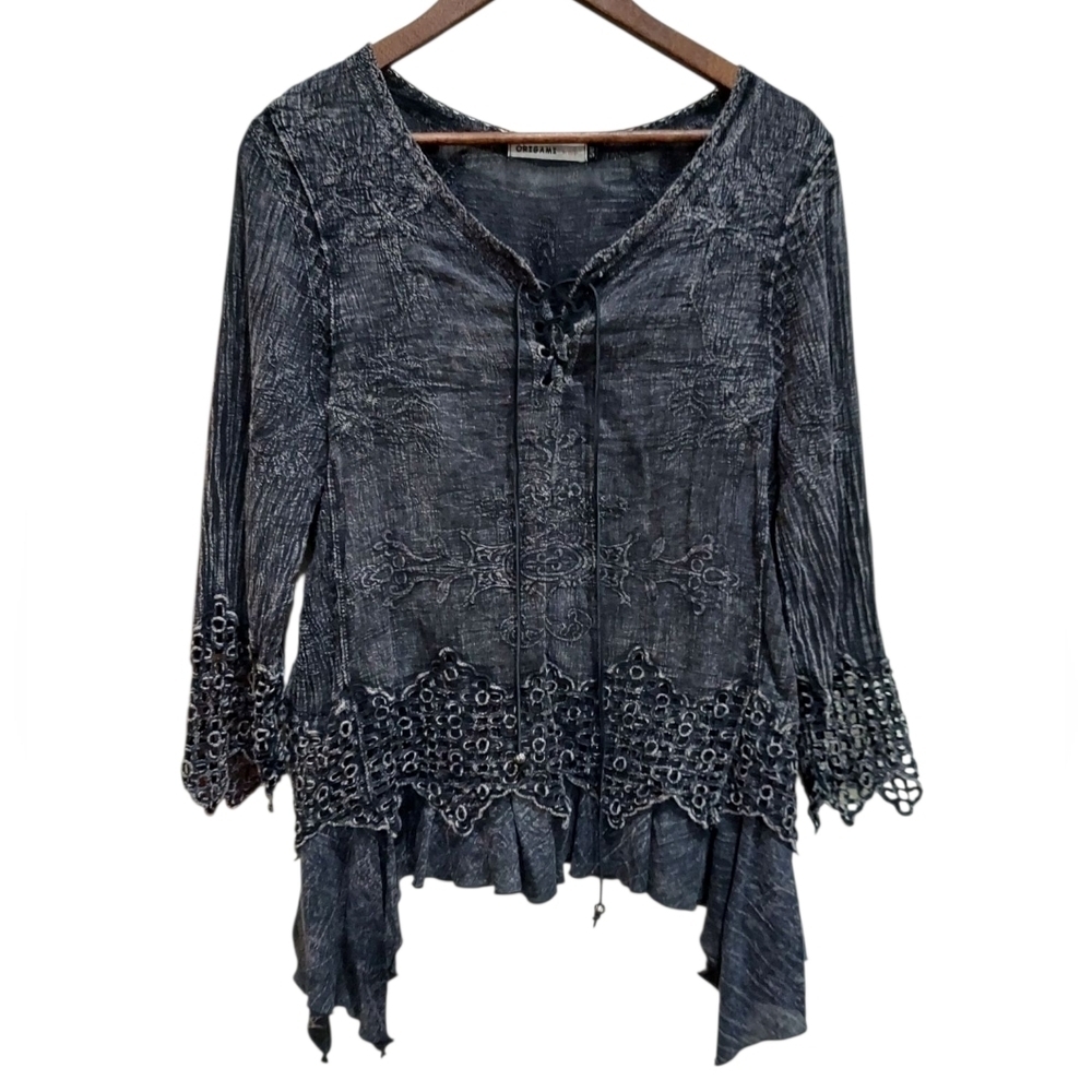 Origami by Vivian Boho Black Asymmetrical Lace-Up Front Blouse